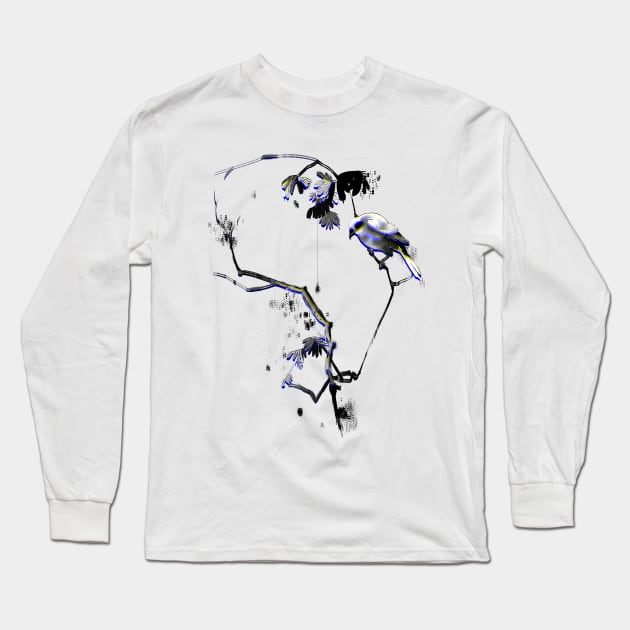 Japanese bird on a branch sumi-e Long Sleeve T-Shirt by Blacklinesw9